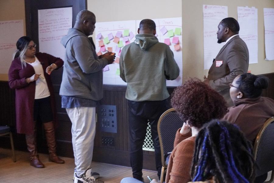 Participants at the sticky-note wall