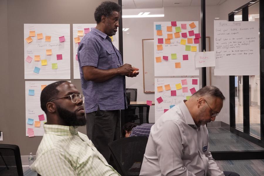 Participants in front of sticky-note walls